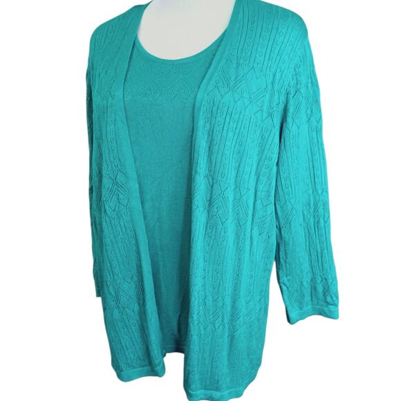 ALFRED DUNNER Sweater Cardigan Cami XL Attached Twinset Turquoise Teal Knitted - Picture 9 of 11